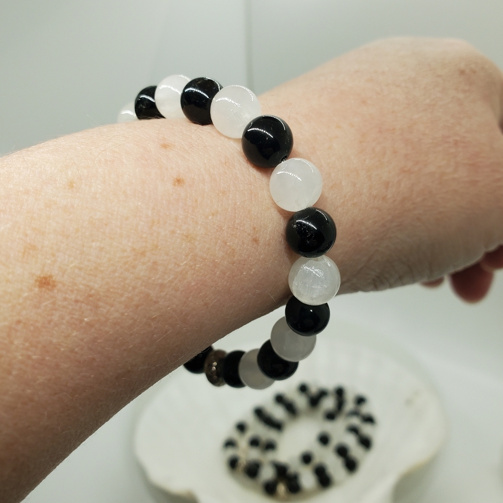 High Grade Selenite and Black Tourmaline Beaded Crystal Bracelet